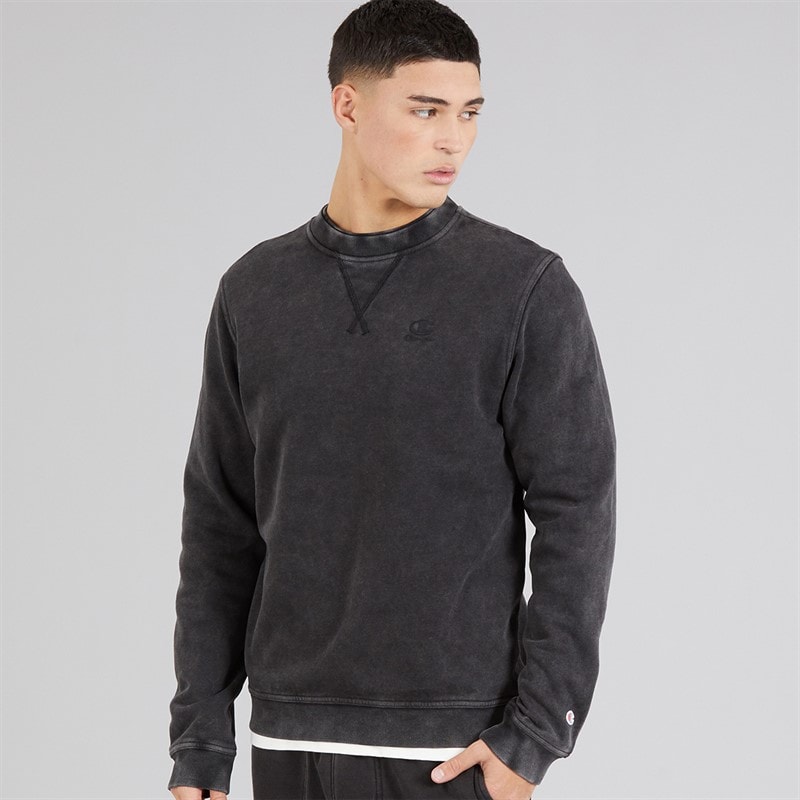 Champion Mens Icons Washed Logo Crew Neck Sweatshirt Black