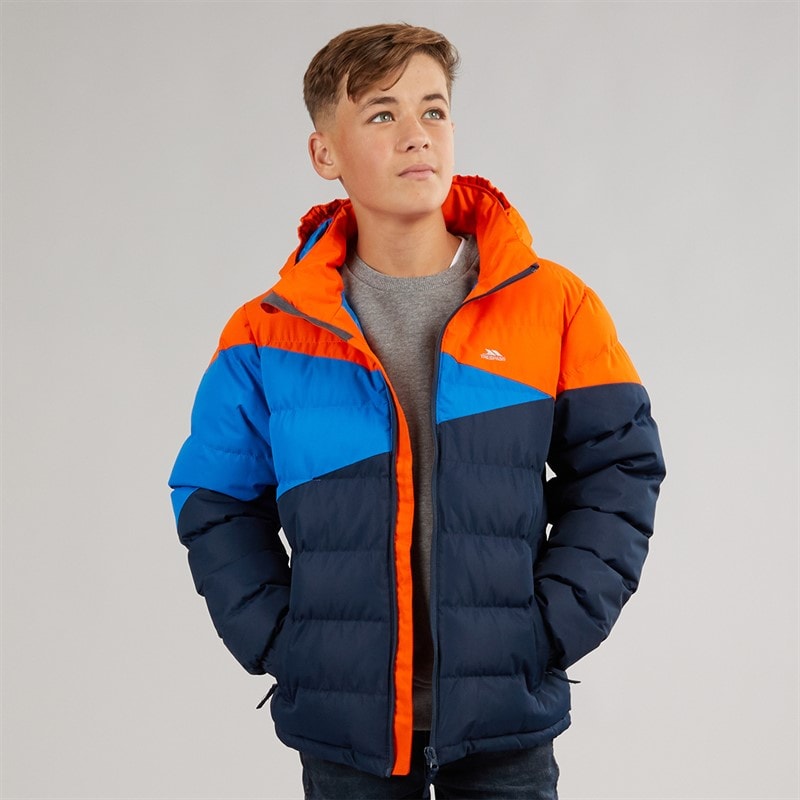 Trespass Junior Boys Layout Waterproof Padded Hooded Jacket Navy/Hot Orange/Blue