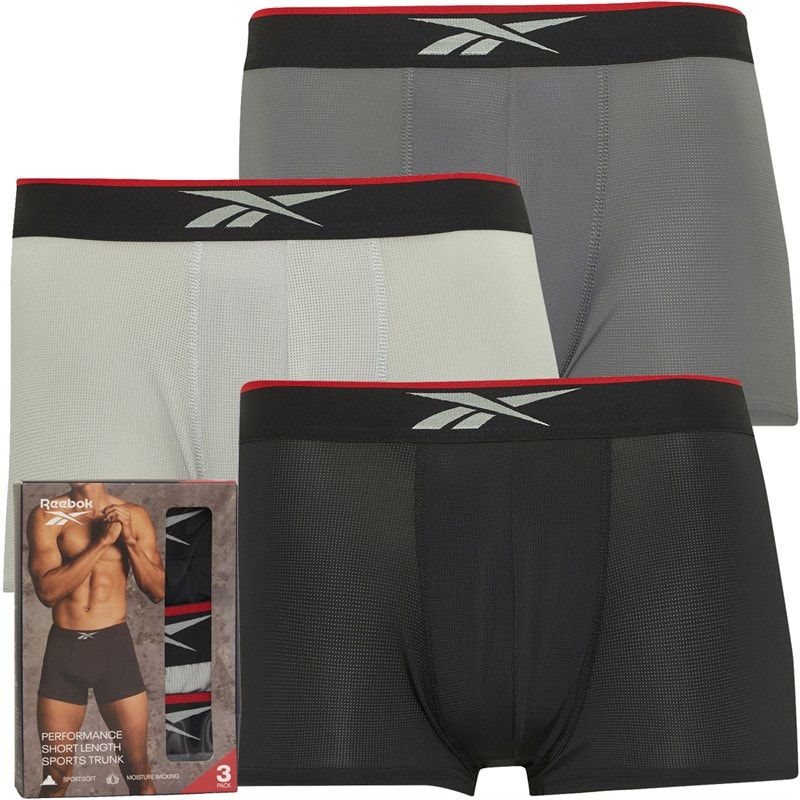 Reebok Mens Glynn Performance Three Pack Short Trunks Black/White/Grey Marl