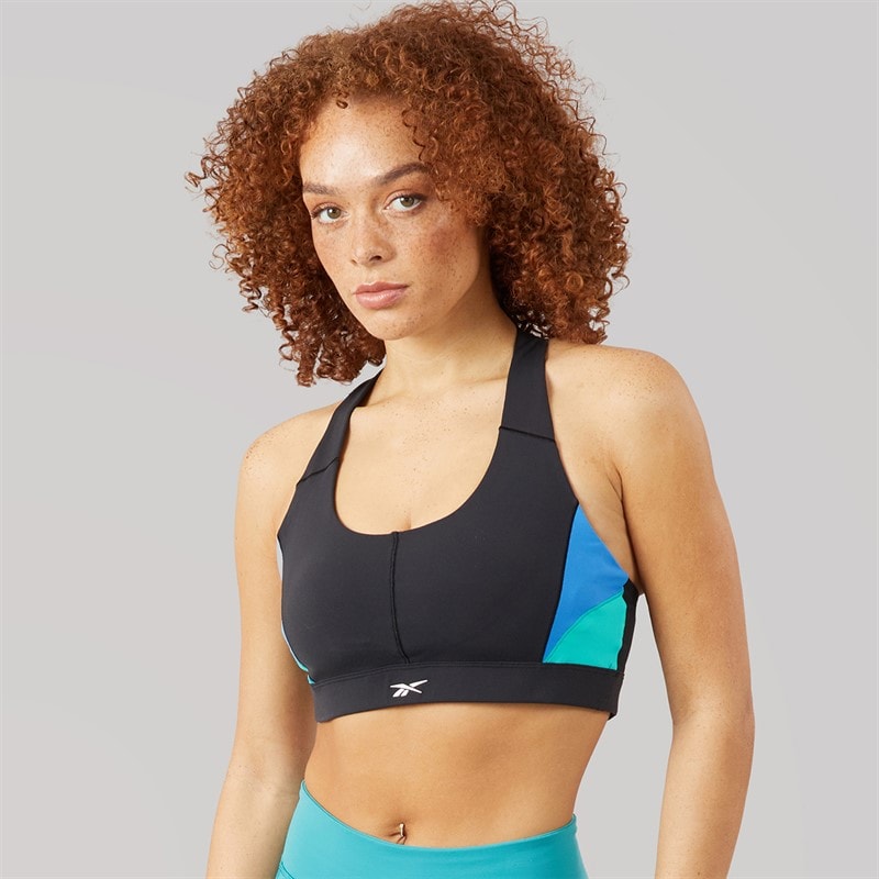 Reebok Womens Lux Colorblock Medium Support Sports Racer Bra Top Black/Unleashed Green