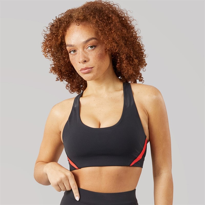 Reebok Womens Lux Colorblock Medium Support Sports Racer Bra Top Black/Energy Red