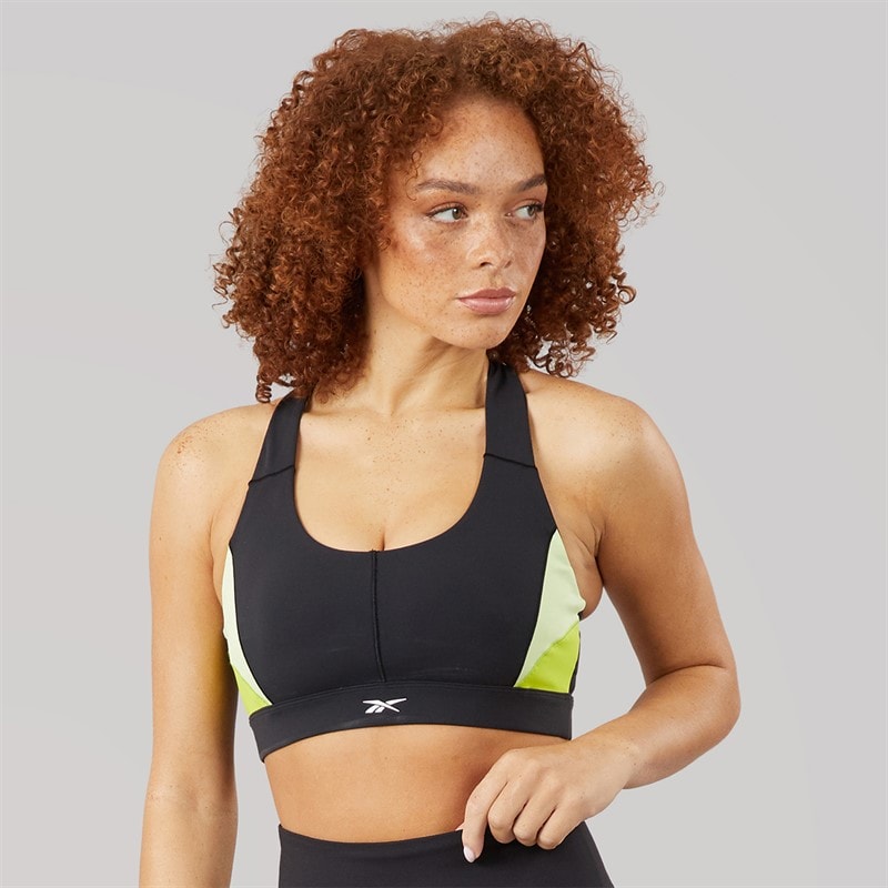 Reebok Womens Lux Colorblock Medium Support Sports Racer Bra Top Black/Acid Yellow