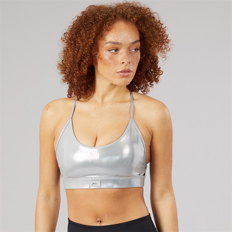 Reebok Womens Lux Medium Support Strappy Sports Bra Top Chrome