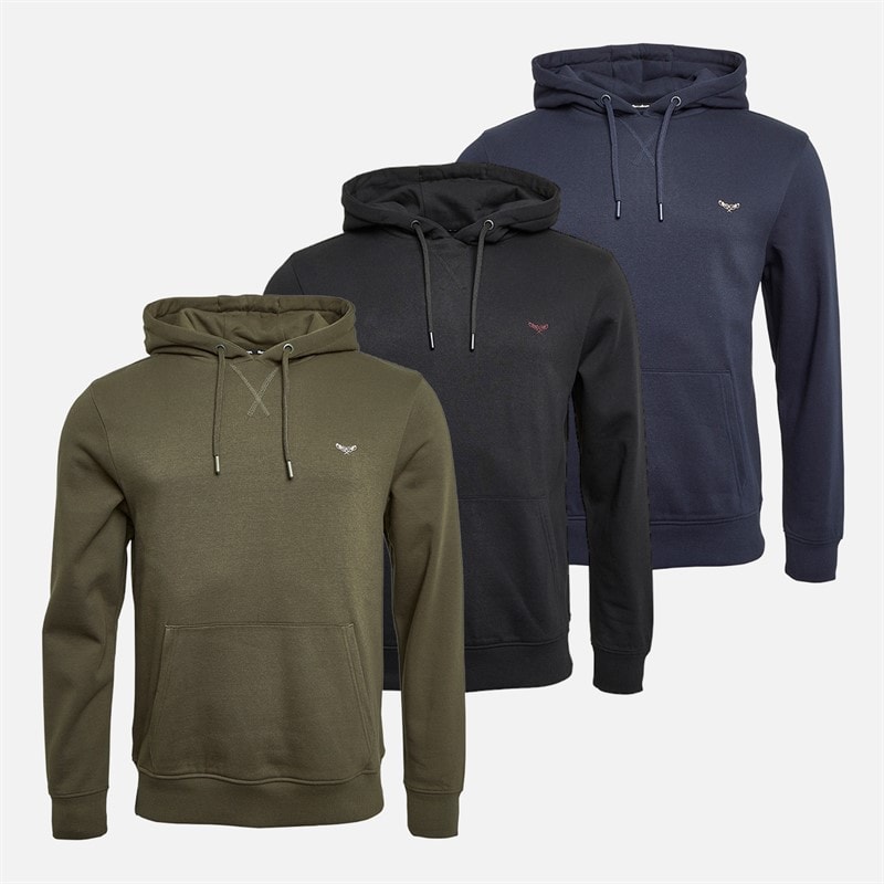 THREADBARE Mens Three Pack Trifoliate Hoodies Black/Navy/Khaki
