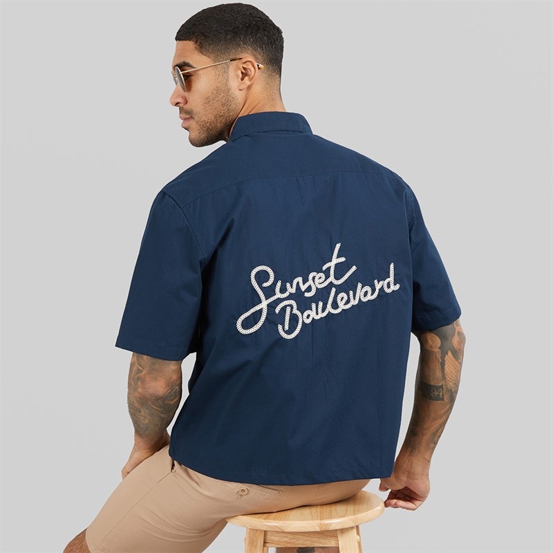 THREADBARE Mens Melda Boxy Fit Short Sleeve Shirt Navy