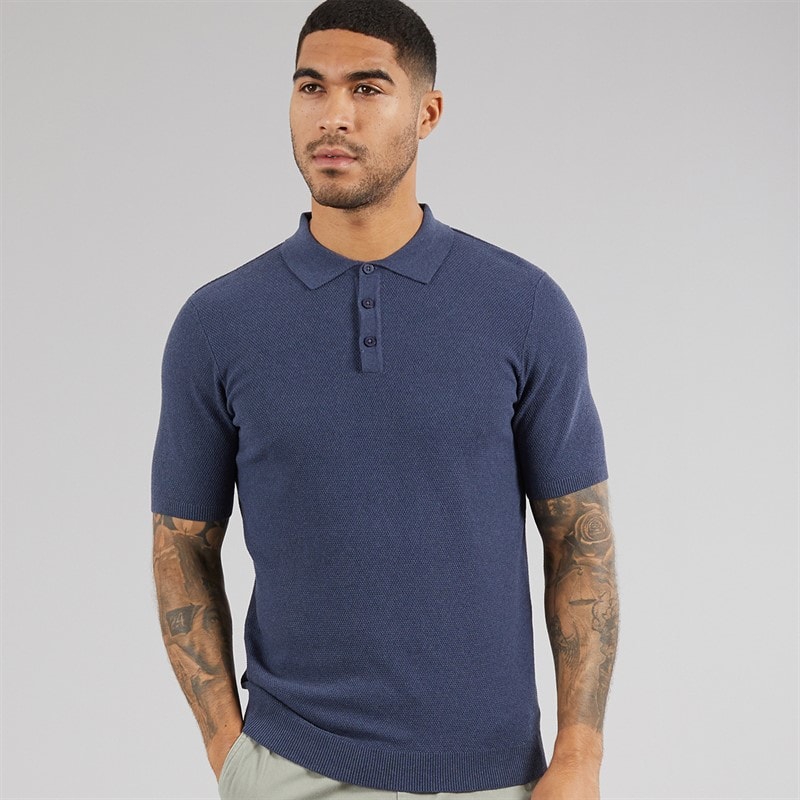 THREADBARE Mens Douglas Knitted Polo Shirt Denim Marl