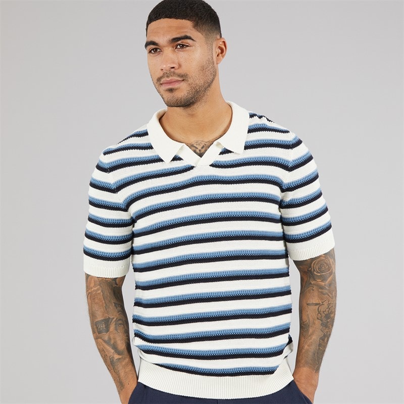THREADBARE Mens Knitted Trophy Polo Shirt Ecru