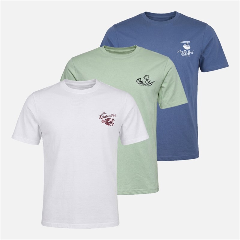 THREADBARE Mens Haddon Three Pack Graphic T-Shirts Sage/Denim Blue/White