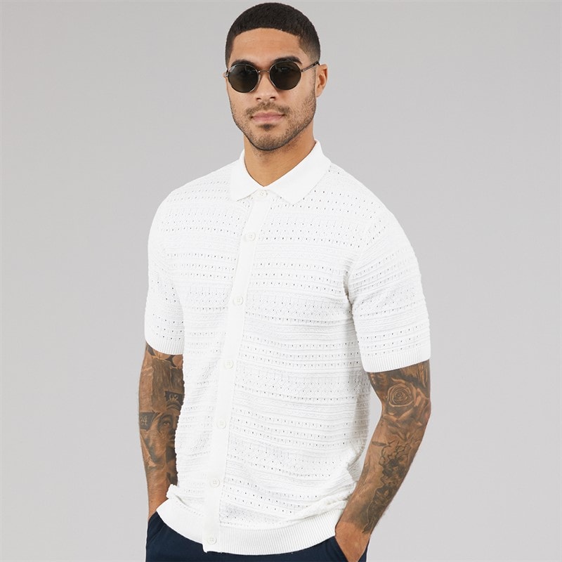THREADBARE Mens Crown Knitted Shirt Ecru