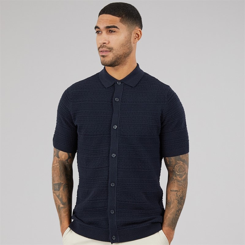 THREADBARE Mens Crown Knitted Shirt Navy