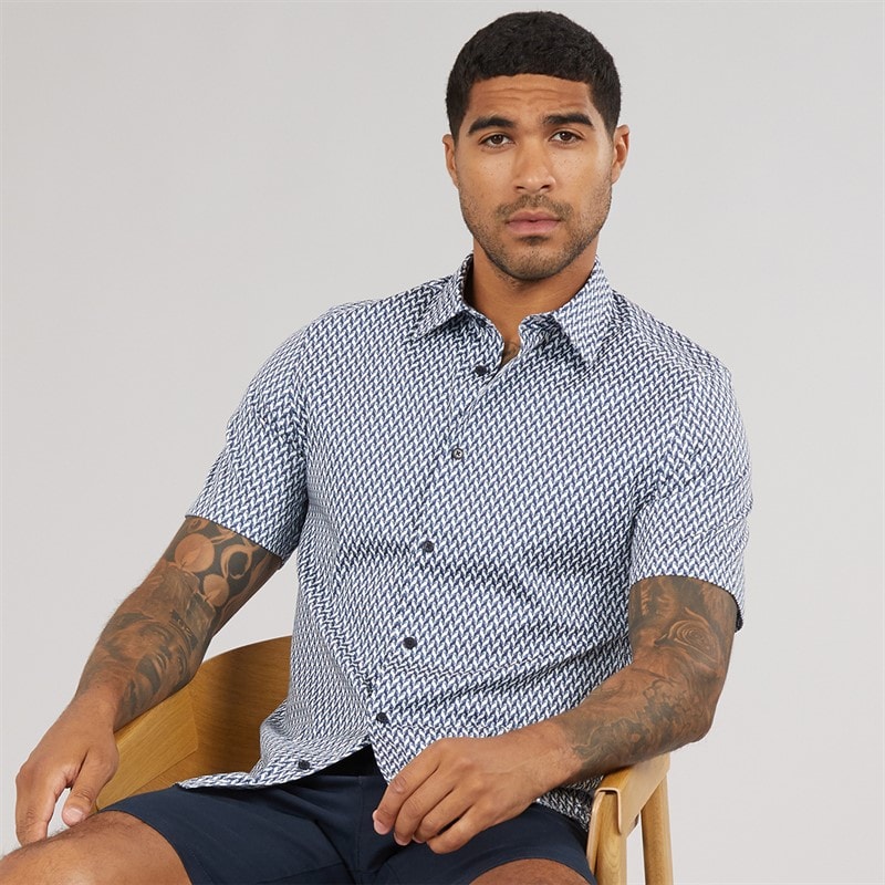 Ted Baker Mens Lacesho Short Sleeve Geo Printed Shirt Navy