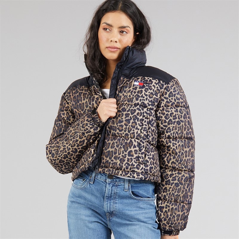 Tommy Hilfiger Womens Cropped Leopard Puffer Coat Leopard Aop