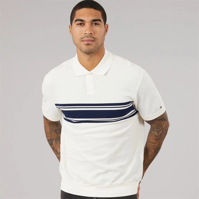 Tommy Hilfiger Mens Placed Breton Polo Shirt Ivory Petal