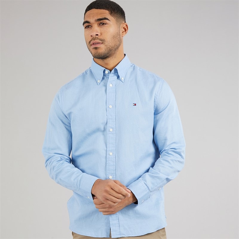 Tommy Hilfiger Mens Linen Blend Long Sleeve Shirt Cloudy Blue