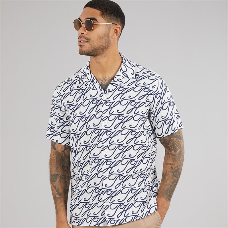 Tommy Hilfiger Mens Linen Camp Collar Short Sleeve Shirt Ecru/Allover