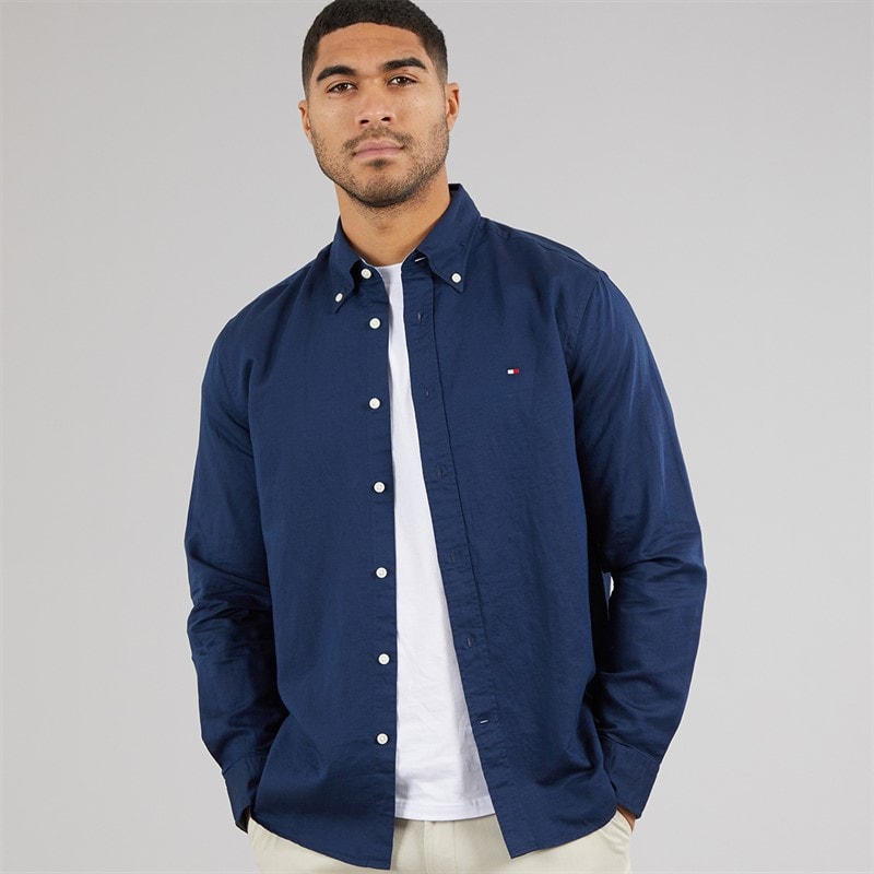 Tommy Hilfiger Mens Linen Blend Long Sleeve Shirt Carbon Navy