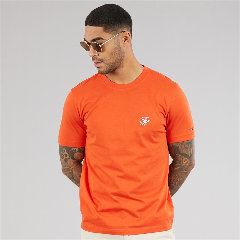 Tommy Hilfiger Mens Script Monogram T-Shirt Brilliant Orange