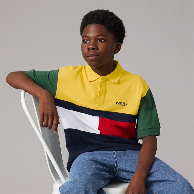 Tommy Hilfiger Boys Monotype Colourblock Polo Shirt Yellow Dahlia Colourblock