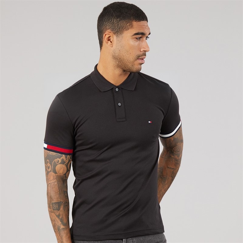 Tommy Hilfiger Mens RWB Cuff Liquid Polo Shirt Black