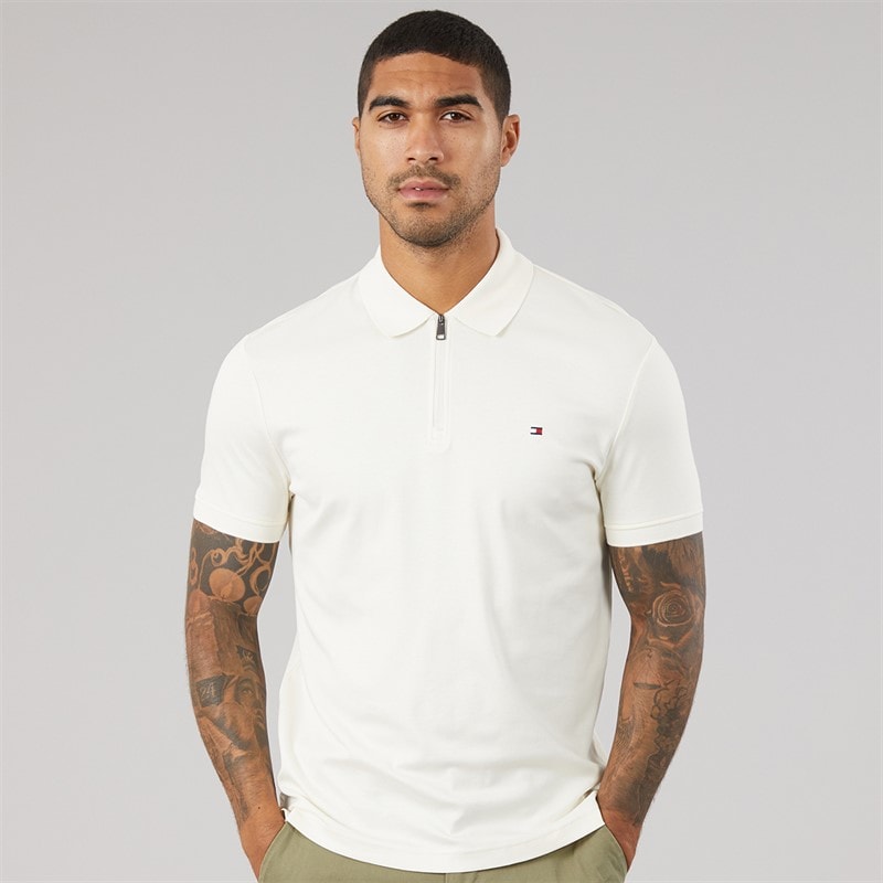 Tommy Hilfiger Mens Interlock Zip Regular Polo Shirt Ivory Petal
