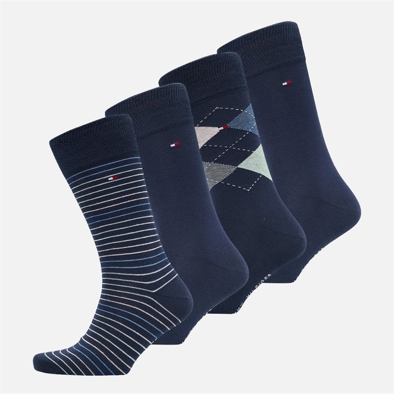 Tommy Hilfiger Mens Check Stripe Four Pack Crew Socks Navy