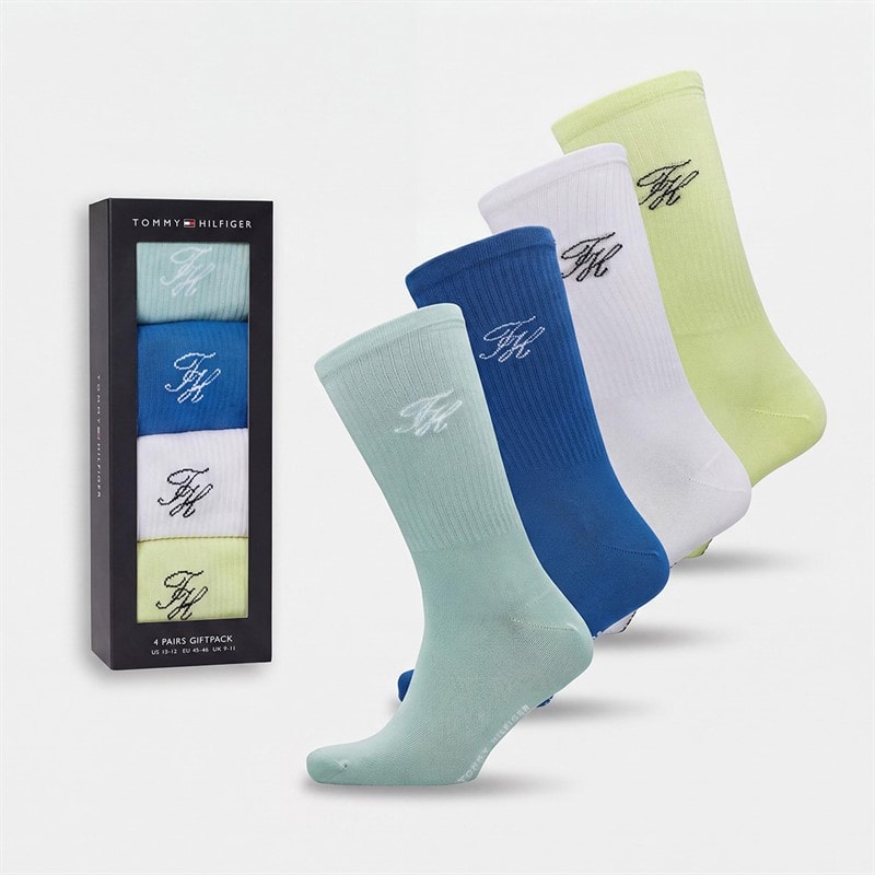 Tommy Hilfiger Mens Monogram Four Pack Gift Box Crew Socks Multi