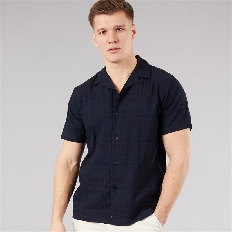 Tokyo Laundry Mens Kanaloa Dobby Check Short Sleeve Shirt Navy