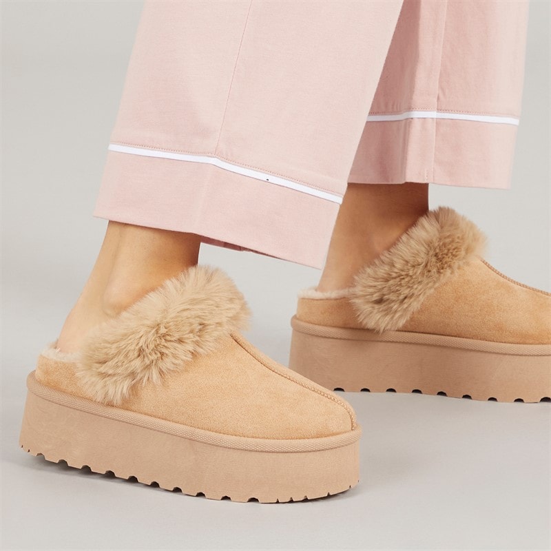 Truffle Collection Womens Vimto Fur Lined Mules Sand