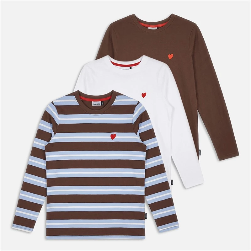 L'amore Couture Womens Elowyn Three Pack Long Sleeve T-Shirts Stripe/Brown/White