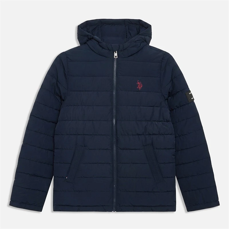 U.S. POLO ASSN. Boys Lightweight Quilt Hooded Puffer Jacket Dark Sapphire Navy/Haute Red Dhm