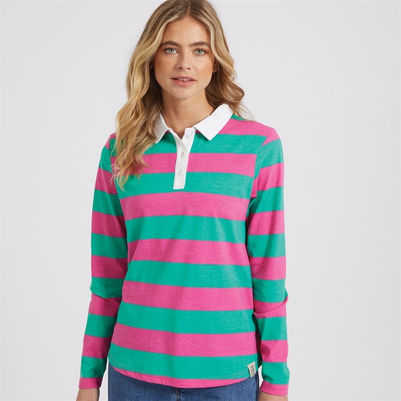 Lagooners Womens Heritage Long Sleeve Polo Shirt T-Shirt Bright Pink/Green